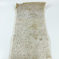 Manuscritos antiguos: AÑO 1619, VENTA DE UNAS TIERRAS EN AIGUAVIVA, GIRONA. PERGAMINO MANUSCRITO 68X27CM.. Lote 361089845