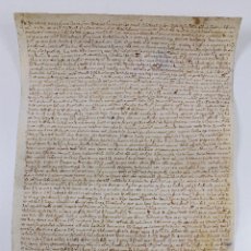 Manuscritos antiguos: GIRONA - CRUELLS - DONACIÓN DE UN TROZO DE TIERRA INTER VIVOS. AÑO 1587. PERGAMINO 27X38CM.. Lote 361091180