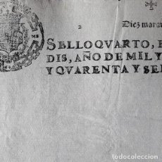 Manuscritos antiguos: AÑO 1646-PAPEL SELLADO SELLO 4º DE 10 MRS-HOJA EN BLANCO-MARCA DE AGUA-SIGLO XVII-PARA MANUSCRITOS. Lote 362379630