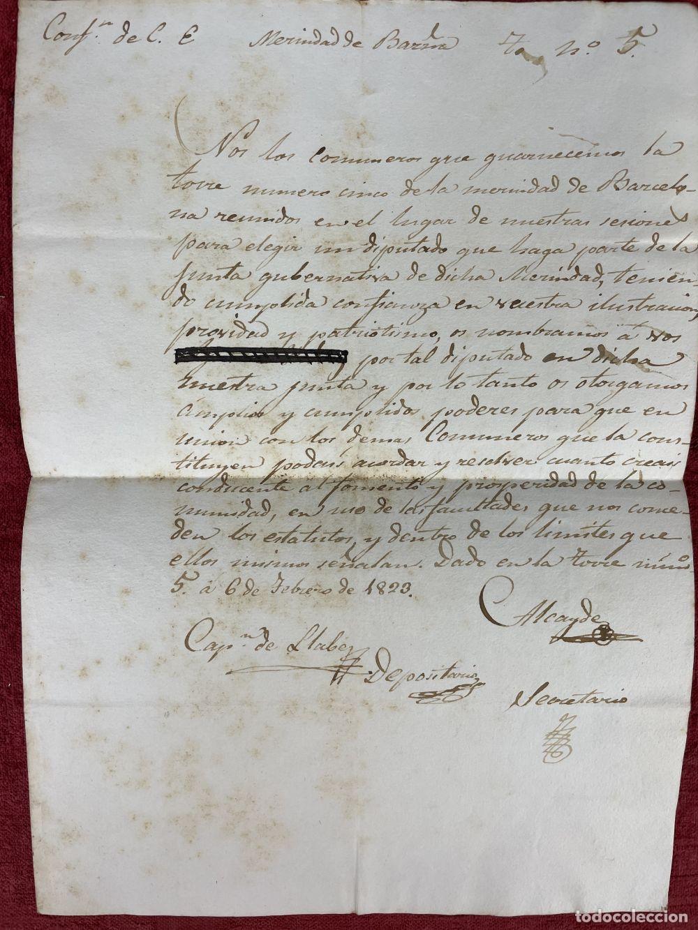 Manuscritos antiguos: DOCUMENTO DE ELECCI&Oacute;N DEL DIPUTADO MERINDAD DE BARCELONA. FDO ALCALDE. 1823 - Foto 2