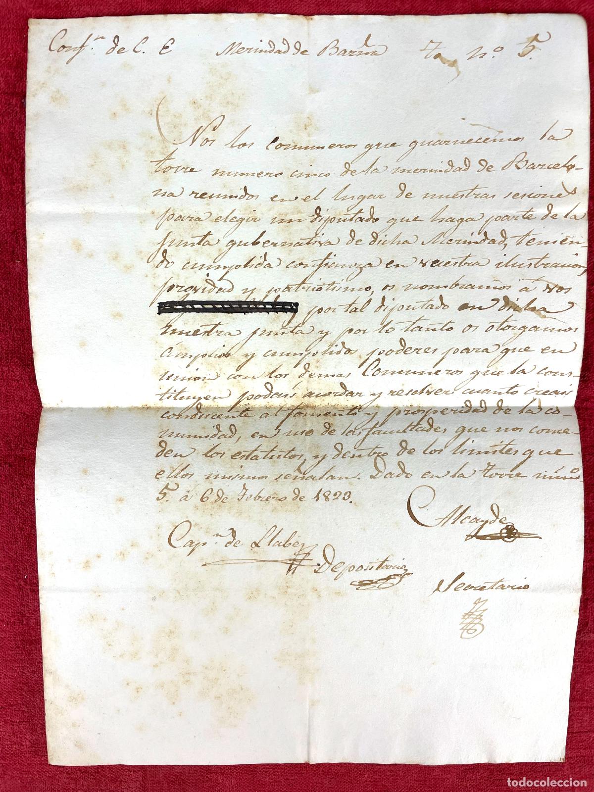 Manuscritos antiguos: DOCUMENTO DE ELECCI&Oacute;N DEL DIPUTADO MERINDAD DE BARCELONA. FDO ALCALDE. 1823 - Foto 1