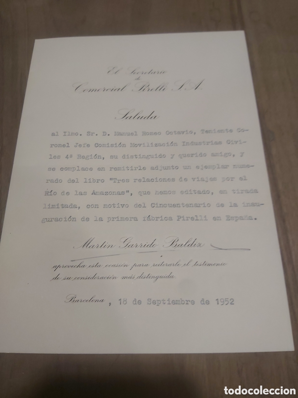 Manuscritos antiguos: 1952 Barcelona secrerio comercial Pirelli neum&aacute;ticos saluda - Foto 1