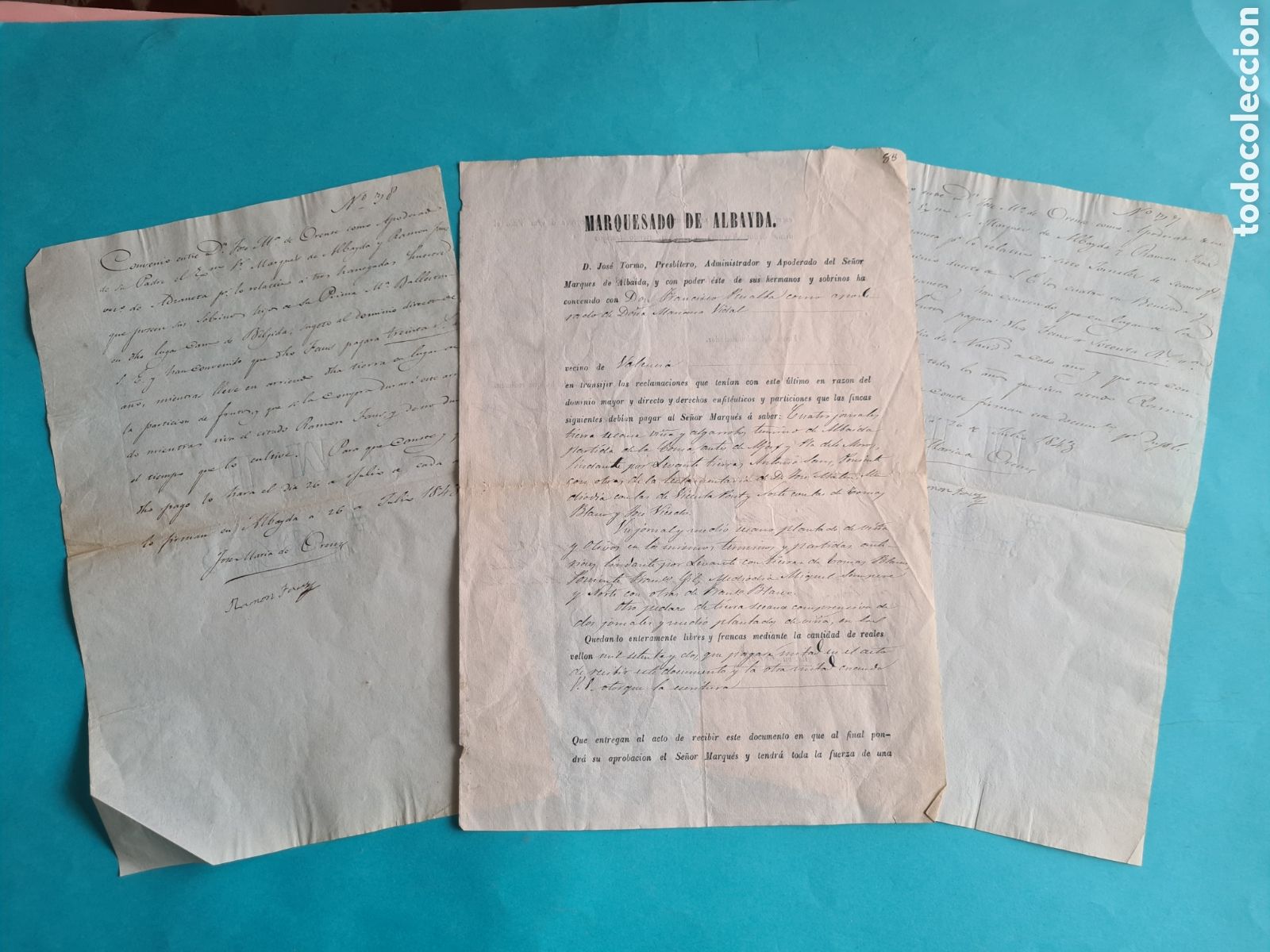 Manuscritos antiguos: MARQUESADO DE ALBAYDA (VALENCIA) - 2 CONVENIOS 1843 + PODER 1866 PARA TOMAR POSESION DE BIENES - Foto 1