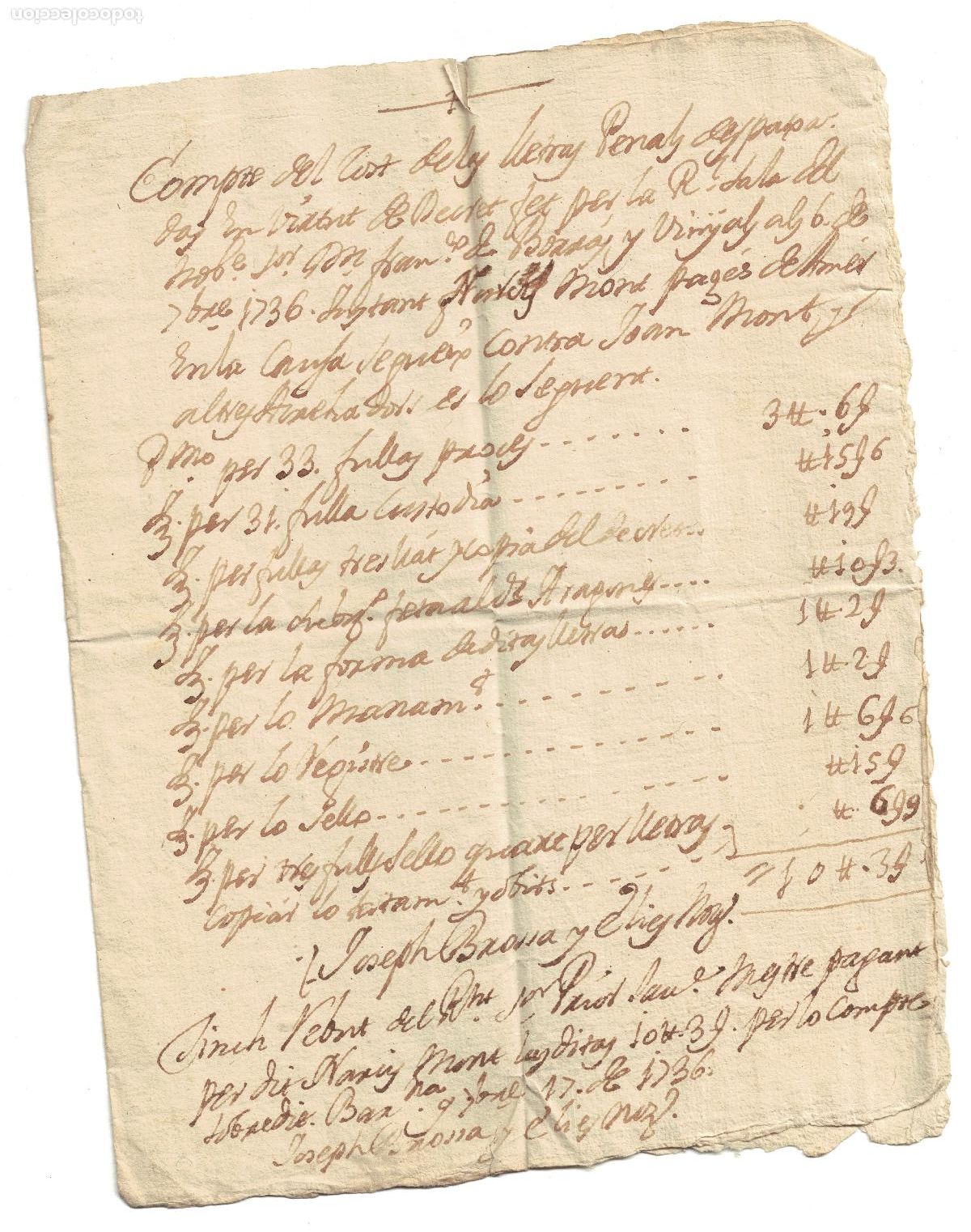 Manuscritos antiguos: 1736 - RECIBO MANUSCRITO - - Foto 1