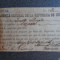 Manuscritos antiguos: GUERRA DE CUBA AÑO 1872 RARO RECIBO CONTRIBUCIÓN EMPRÉSTITO PATRIÓTICO CANJEABLE POR BONOS. Lote 399417249