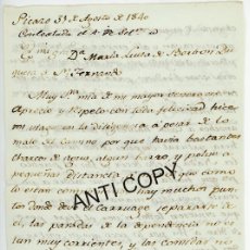 Manuscritos antiguos: CARTA MANUSCRITA POR GENERAL MARQUÉS DE ALÓS A MARÍA LUISA BORBON EN 1840 DESDE PICAZO ¿CUENCA?. Lote 401497889