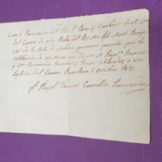 Manuscritos antiguos: MANUSCRITO CONVENTO ST. MARIA DEL CARMEN 40 PESETAS PARA MISAS EN IGLESIA DEL CARMEN BARCELONA 1831. Lote 401538644