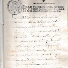 Manuscritos antiguos: 1807 VALENCIA. SELLO FISCAL 1º 1088 MRS PAPEL SELLADO EXPEDIENTE DE ENAGENACIO VENTA, CONDESA CIRAT. Lote 402162304
