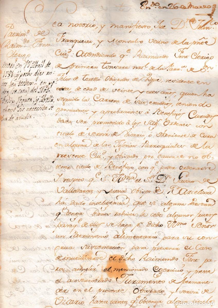 Manuscritos antiguos: 1777 BARCELONA DOCUMENTO TITULO PARROCO ASISTENTE RAIMUNDO FONT 2 SELLO OBISPADO - Foto 1