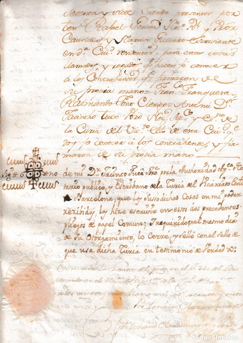 Manuscritos antiguos: 1777 BARCELONA DOCUMENTO TITULO PARROCO ASISTENTE RAIMUNDO FONT 2 SELLO OBISPADO - Foto 2