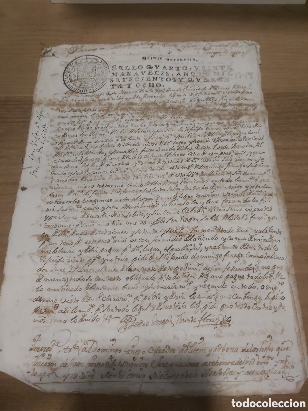 Manuscritos antiguos: 1748 sello cuarto veinte maraved&iacute;s Lugo Escrituras - Foto 1