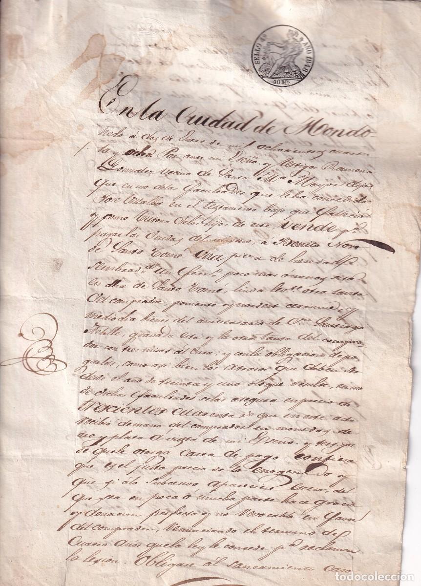 Manuscritos antiguos: Documento notarial Mondo&ntilde;edo, tierras cerca de Santo Tom&eacute; 1848 - Foto 1