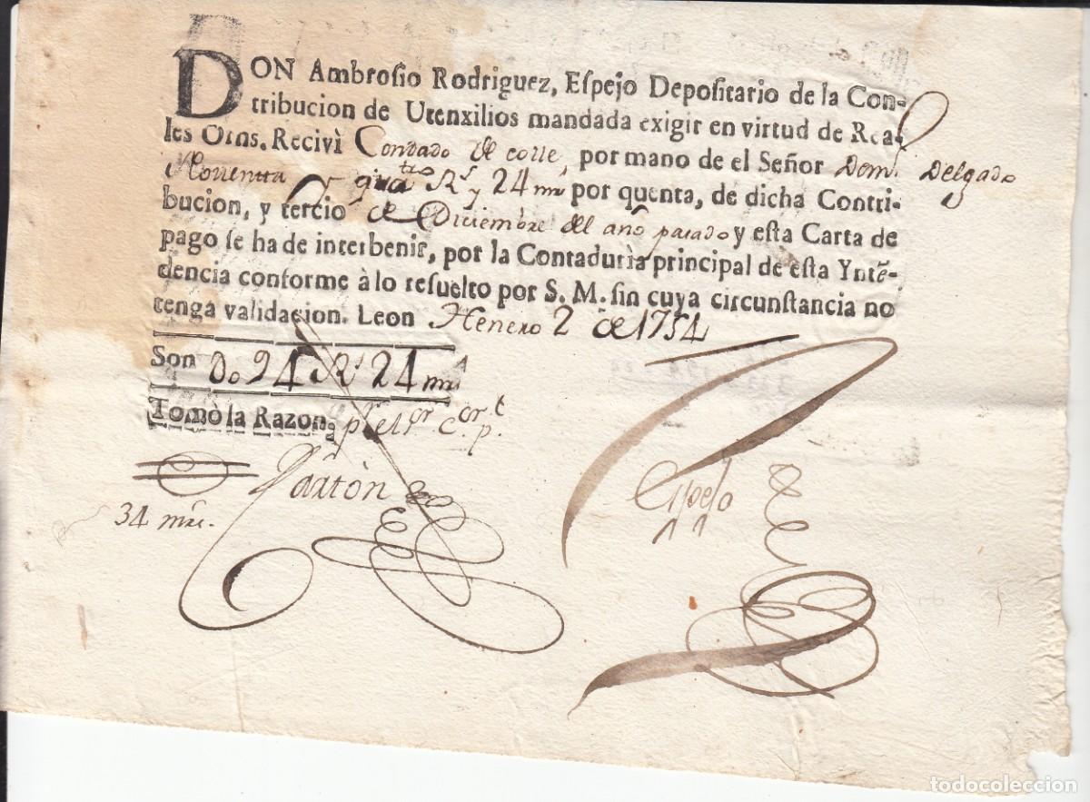 Manuscritos antiguos: LEON- 1754 - RECIBO DE LA CONTRIBUCI&Oacute;N DEL CONDADO DE COLLE - Foto 1