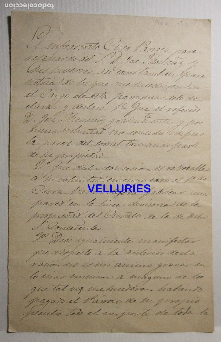 Manuscritos antiguos: PIRA 1888 CURA PARROCO, JOAQUIM FERRER, JOSEP MONTSENY, EDIFICAR PARTE DEL CORRAL - Foto 2