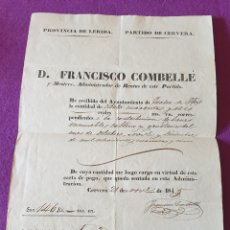 Manuscritos antiguos: CARTA PAGO CATALUÑA AYUNTAMIENTO FLIX BALAGUER 1845 CONTRIBUCIÓN BIENES INMUEBLES CULTIVO GANADERÍA