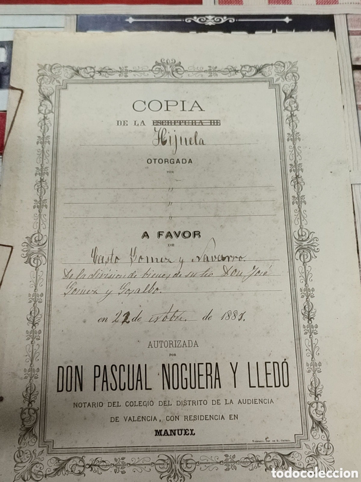 Alte Manuskripte: Antigua copia de escritura de Hijuela, manuscrita del a&ntilde;o 1881. Distrito de Xativa, J&aacute;tiva.