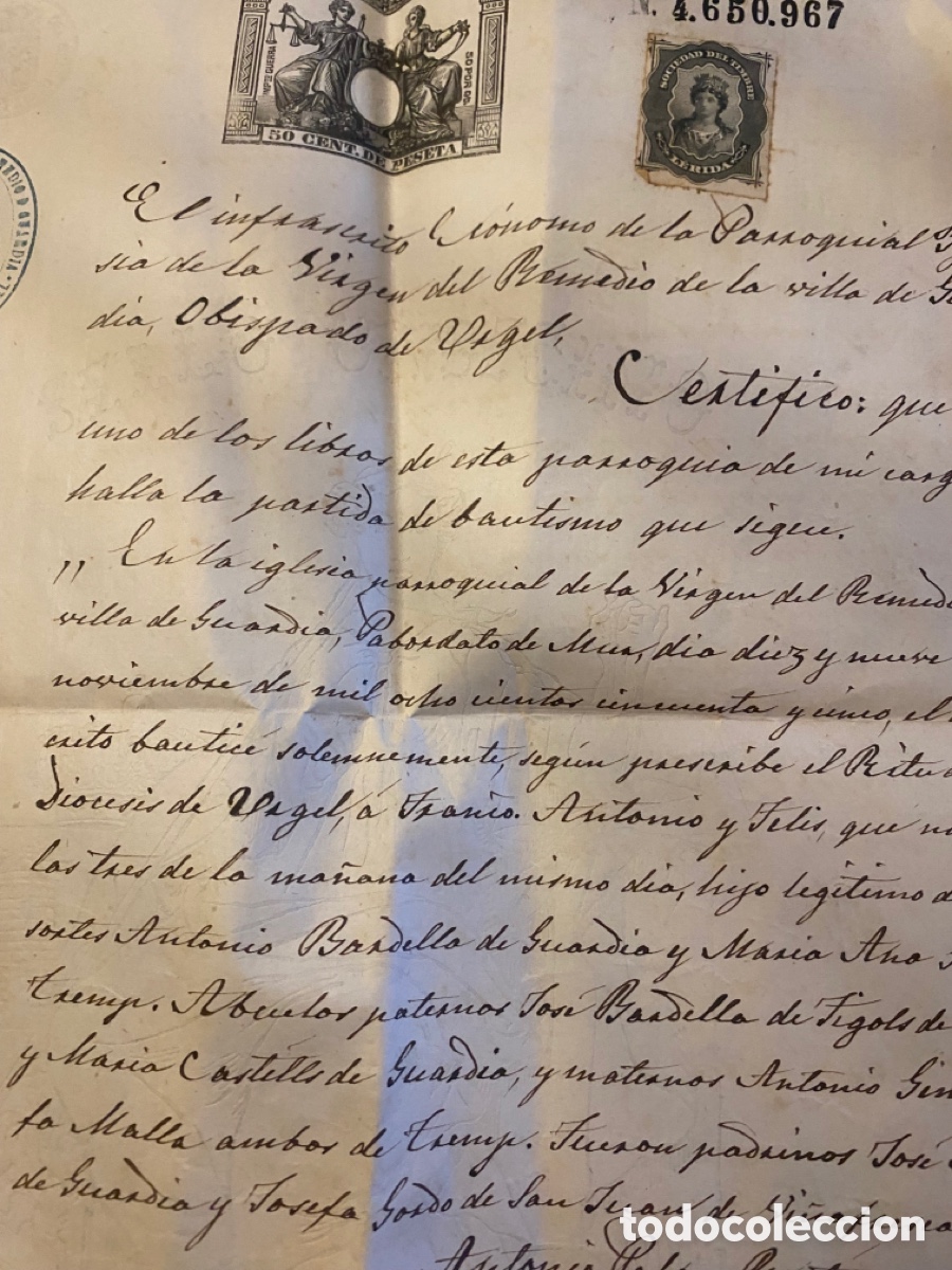Manuscritos antiguos: Certificado de bautismo 1877 obispado del Urgell - Foto 6