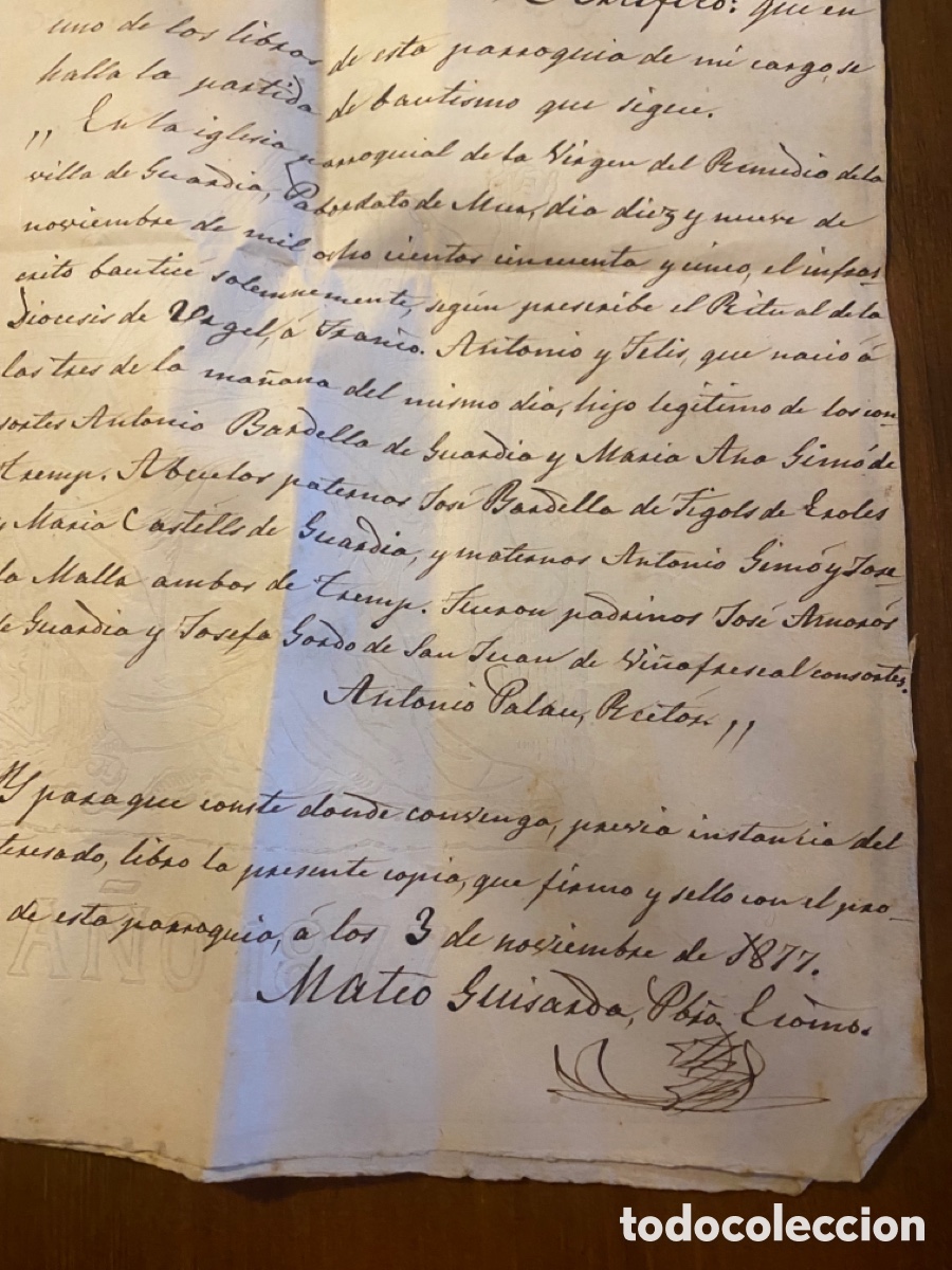 Manuscritos antiguos: Certificado de bautismo 1877 obispado del Urgell - Foto 7