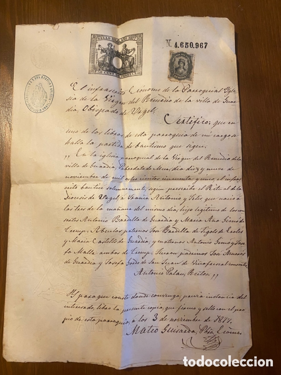 Manuscritos antiguos: Certificado de bautismo 1877 obispado del Urgell - Foto 1