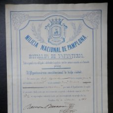 Manuscritos antiguos: MILICIA NACIONAL DE PAMPLONA AÑO 1855 , FIRMA ALCALDE, BONITO NOMBRAMIENTO BATALLÓN INFANTERÍA