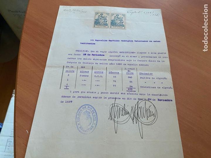 Manuscritos antiguos: CERTIFICADO ADUANA COLONIA RIO DE ORO 1930 SELLOS GOLGO GUINEA 1,20 PESETAS (AB-7)