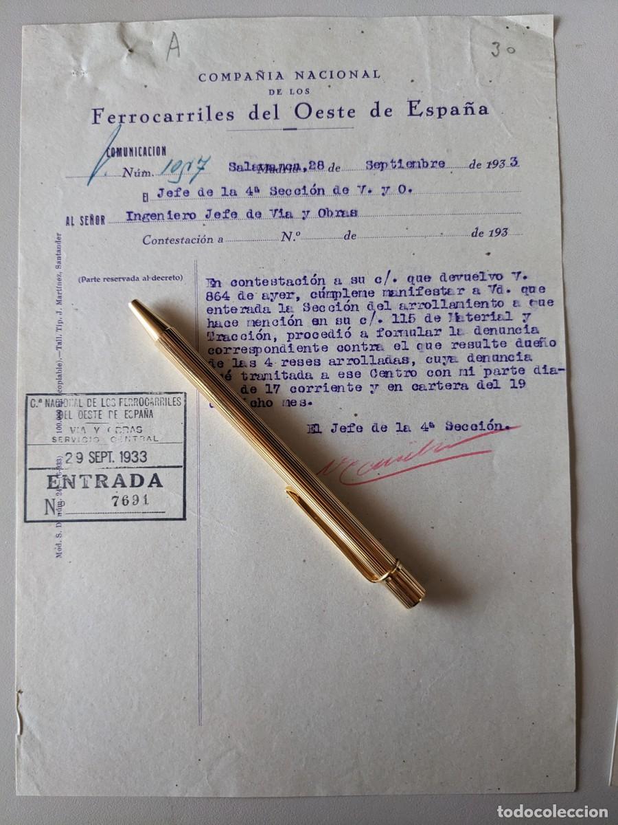 Manuscritos antiguos: 1933 FERROCARRILES DEL OESTE DE ESPA&Ntilde;A - COMUNICACION DE PARTIDA DE TOROS ARROLLADA EN ACCIDENTE - Foto 2