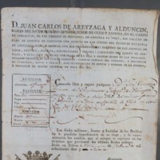 Manuscritos antiguos: ANTIGUO DOCUMENTO MANUSCRITO DE PASAPORTE MILITAR 1817 CONCEDIDO POR D.JUAN CARLOS DE AREYZAGA