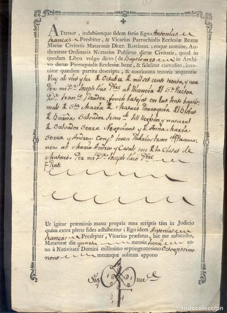 Manuscritos antiguos: NUMULITE A30211 Documento Partida de bautismo Matar&oacute; 1789 - Foto 1