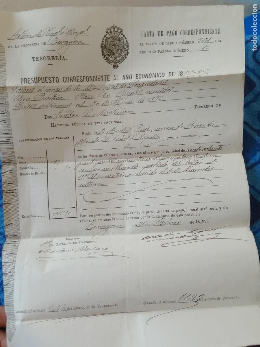 Manuscritos antiguos: Zaragoza, Aranda de Moncayo. Documento Carta de Pago Tesorer&iacute;a 1885 1886 - Foto 1