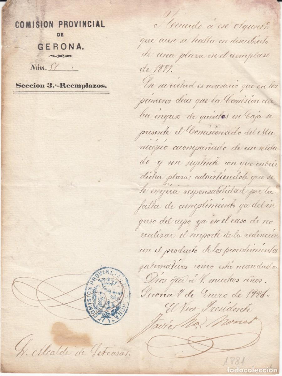 Manuscritos antiguos: COMISI&Oacute;N PROVINCIAL DE GIRONA-REEMPLAZOS -A ALCALDE DE SETCASES - 1881 - Foto 1