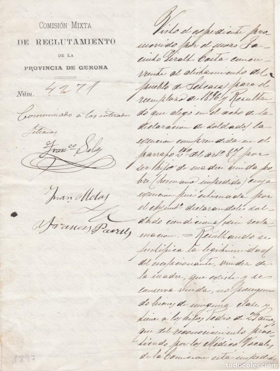 Manuscritos antiguos: COMISI&Oacute;N RECLUTAMIENTO DE GIRONA- RECLUTAS DE SETCASES - 1897 - Foto 1
