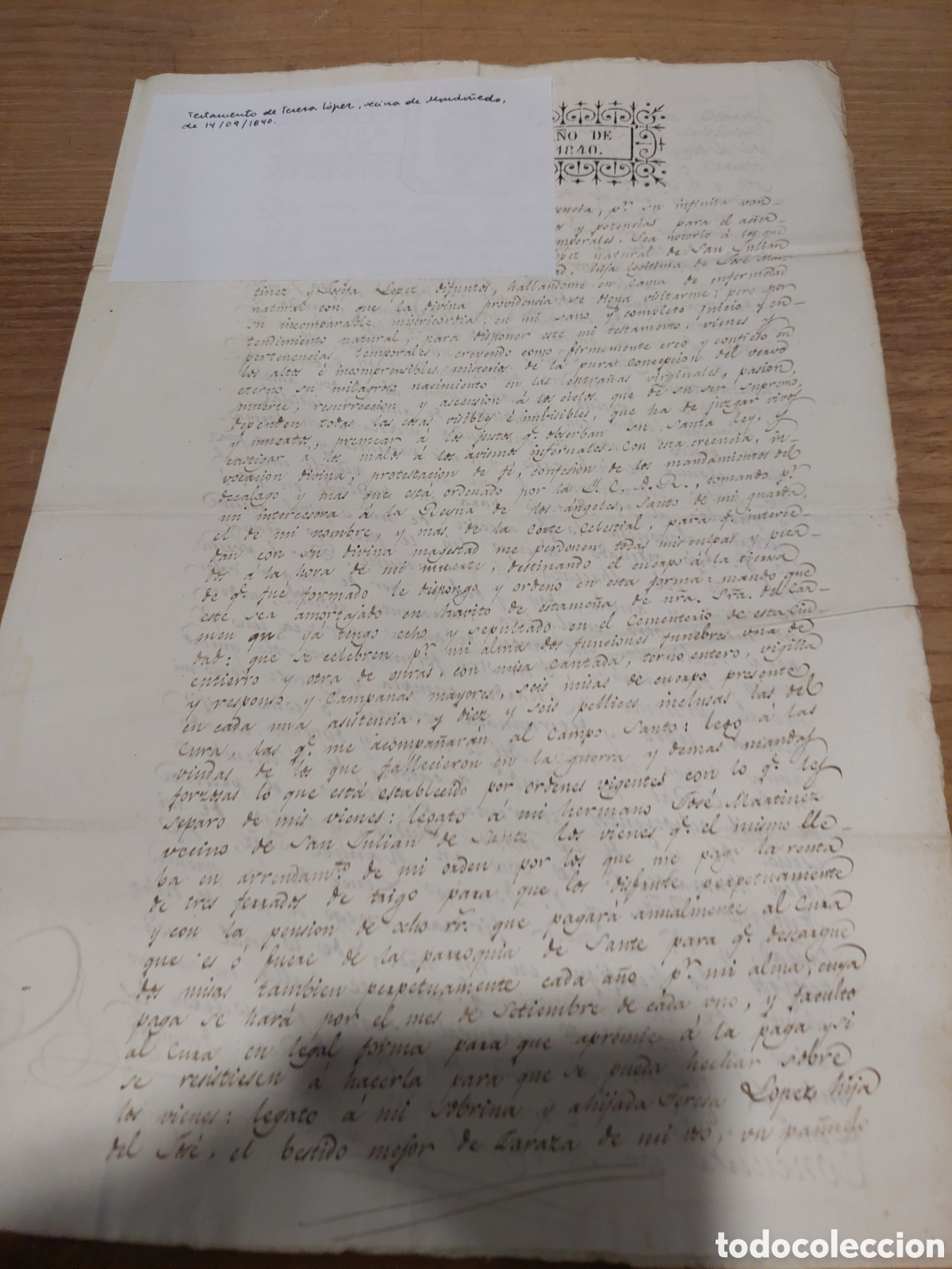 Manuscritos antiguos: 1840 testamento mondo&ntilde;edo lugo 1840 - Foto 1