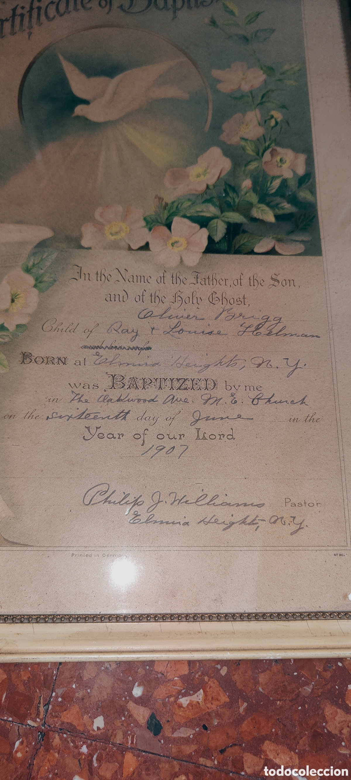 Manuscritos antiguos: ANTIGUO CERTIFICADO DE BAUTISMO 1907 ENMARCADO - Foto 2