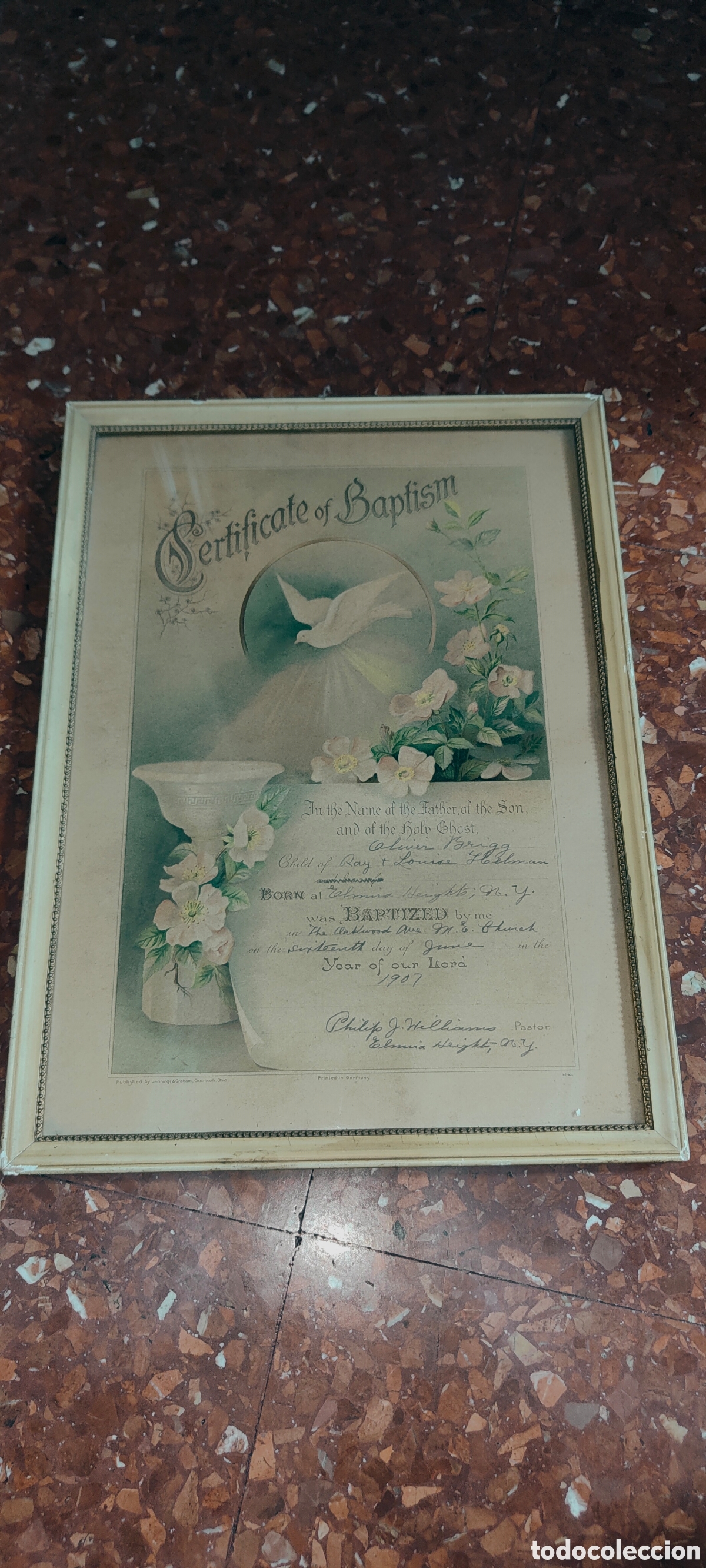 Manuscritos antiguos: ANTIGUO CERTIFICADO DE BAUTISMO 1907 ENMARCADO - Foto 1
