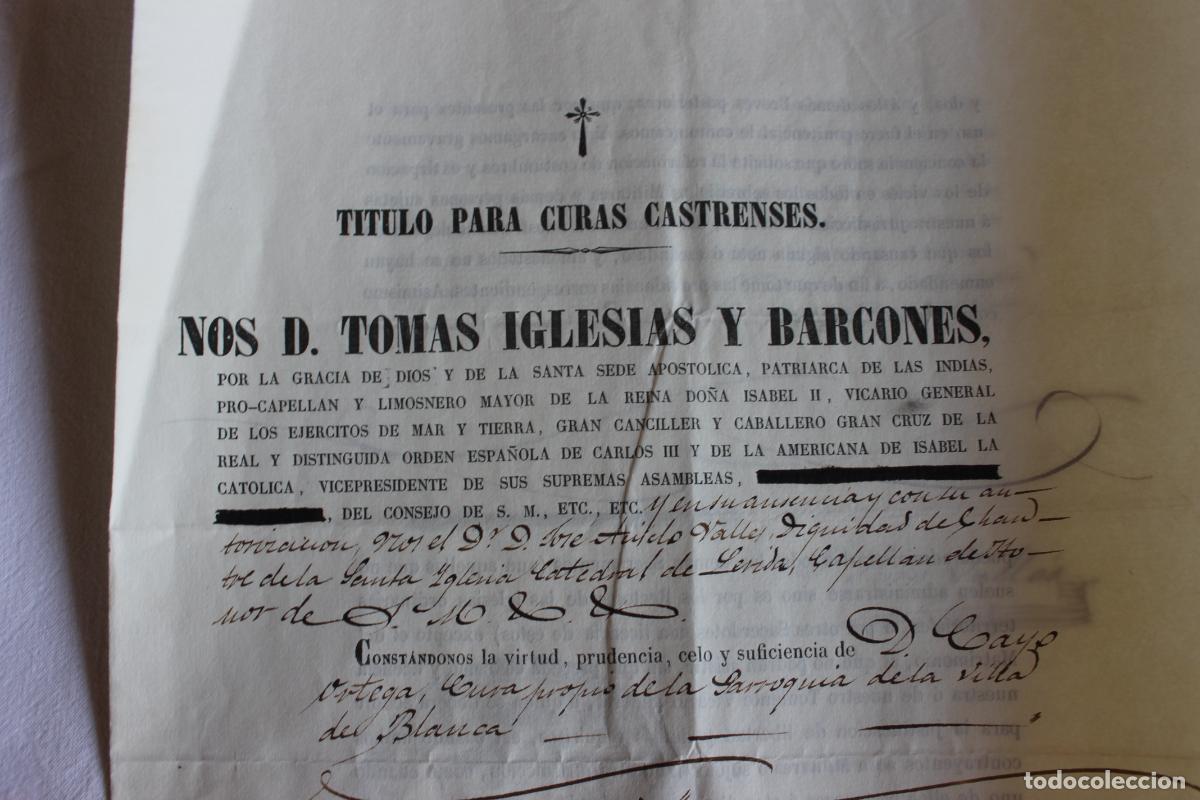 Manuscritos antiguos: TITULO PARA CURAS CASTRENSES VILLA DE BLANCA 1855 - Foto 2