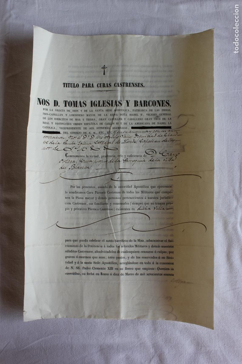 Manuscritos antiguos: TITULO PARA CURAS CASTRENSES VILLA DE BLANCA 1855 - Foto 1