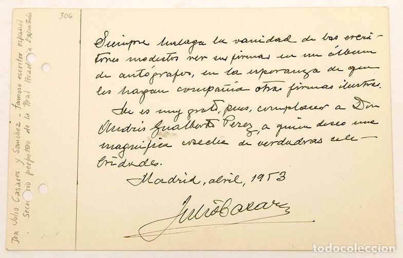 Manuscritos antiguos: JULIO CASARES Y S&Aacute;NCHEZ - DEDICATORIA AUT&Oacute;GRAFA - 1956 - Foto 1