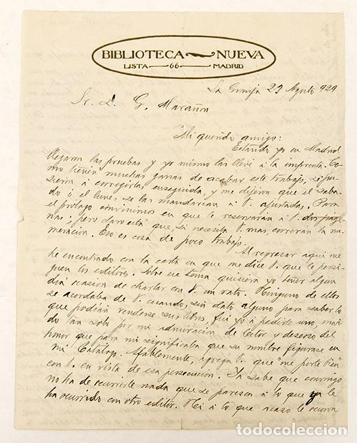 Manuscritos antiguos: CARTA DE JOS&Eacute; RUIZ DEL CASTILLO A GREGORIO MARA&Ntilde;&Oacute;N - 1929 - Foto 1