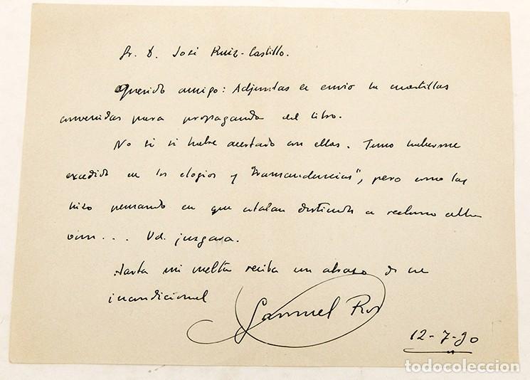 Manuscritos antiguos: CARTA DE SAMUEL ROS A JOSE RUIZ DEL CASTILLO - 1930 - Foto 1