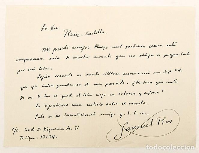 Manuscritos antiguos: CARTA DE SAMUEL ROS A JOSE RUIZ DEL CASTILLO - 1930 - Foto 1