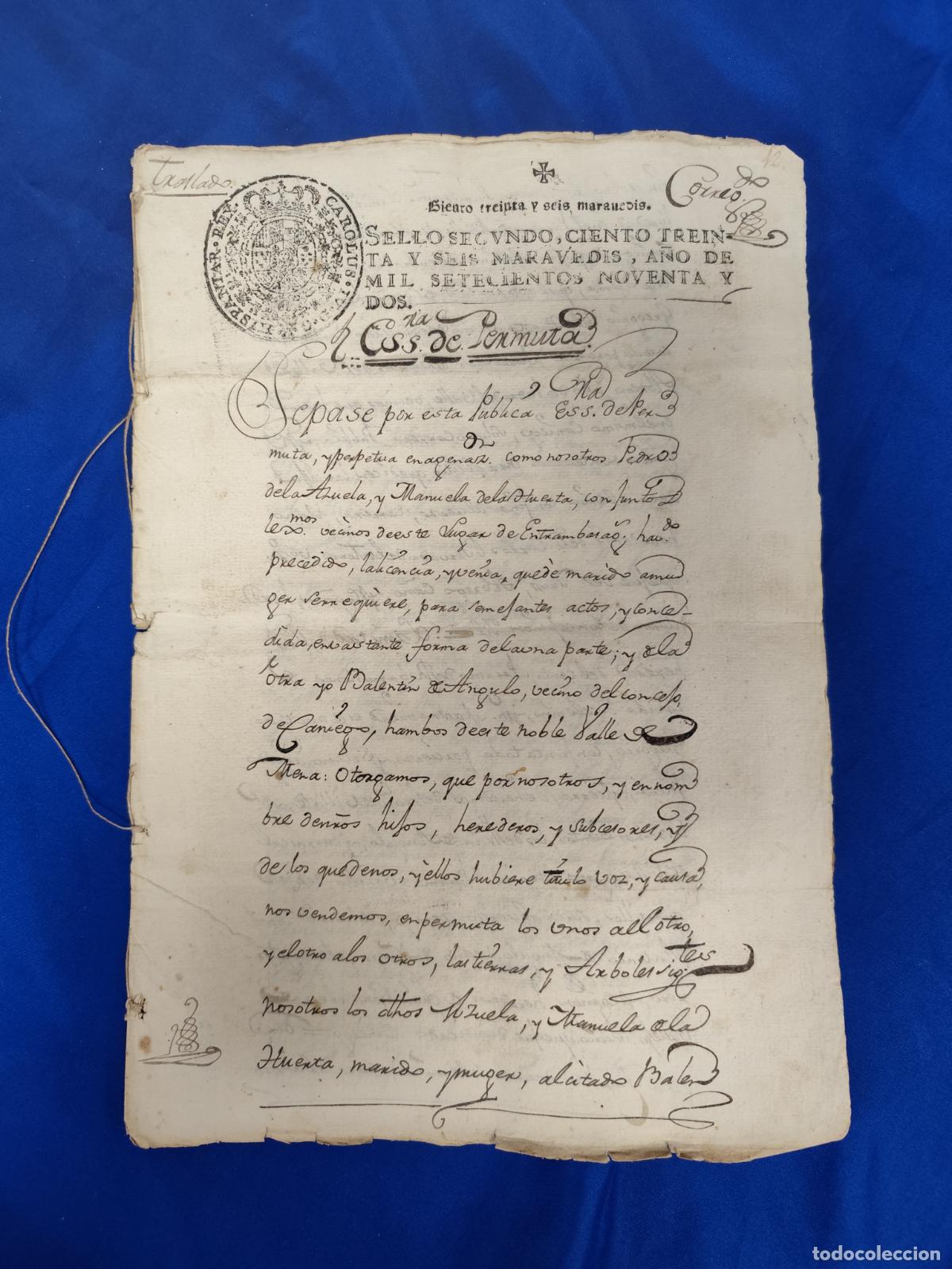 Manuscritos antiguos: 1792. MANUSCRITO PERMUTA SELLO-TIMBRE. - Foto 1