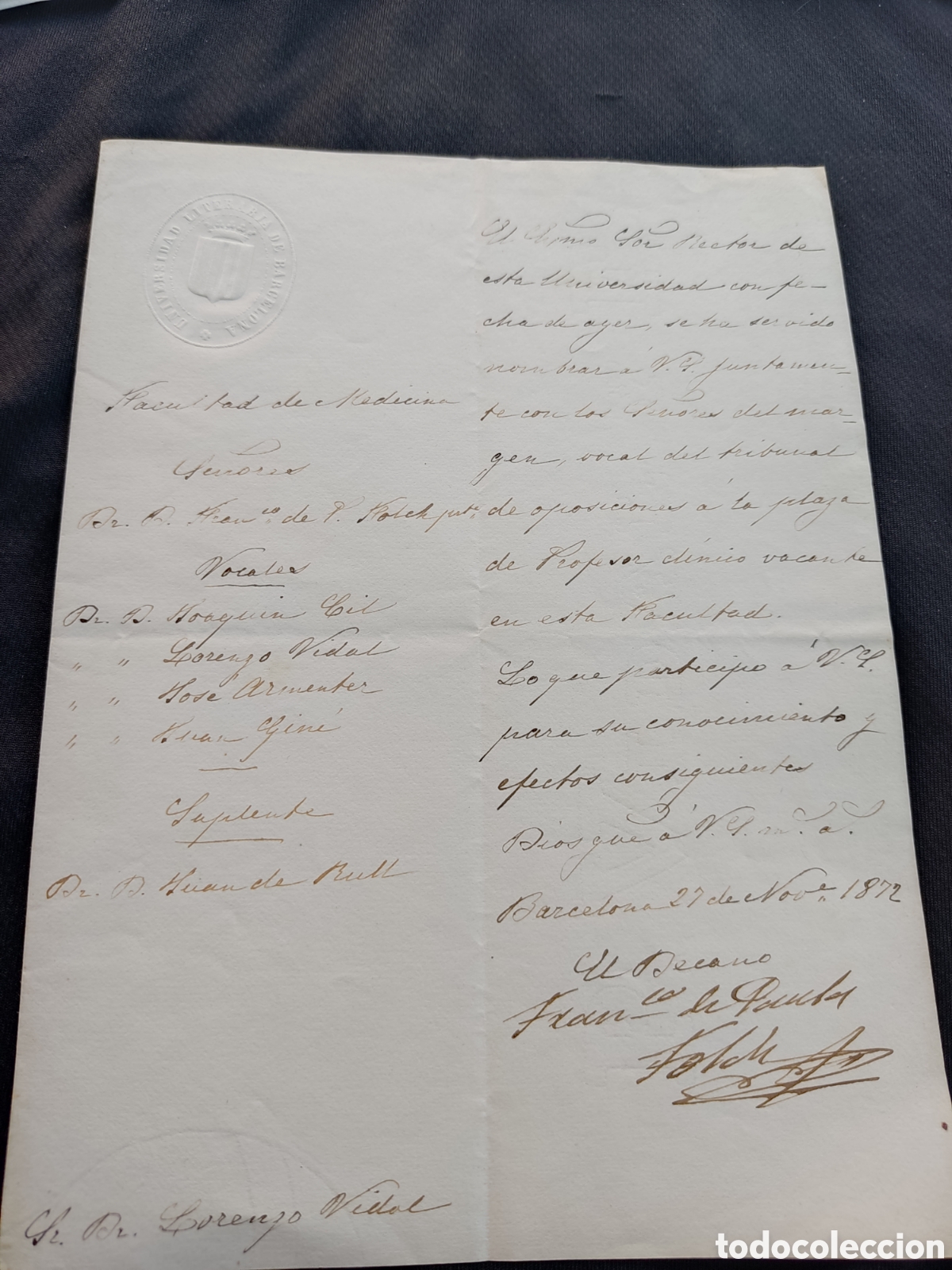 Manuscritos antiguos: Documento antiguo 1872 de Don Lorenzo Vidal y Aute bonito cu&ntilde;o universidad literaria de Barcelona