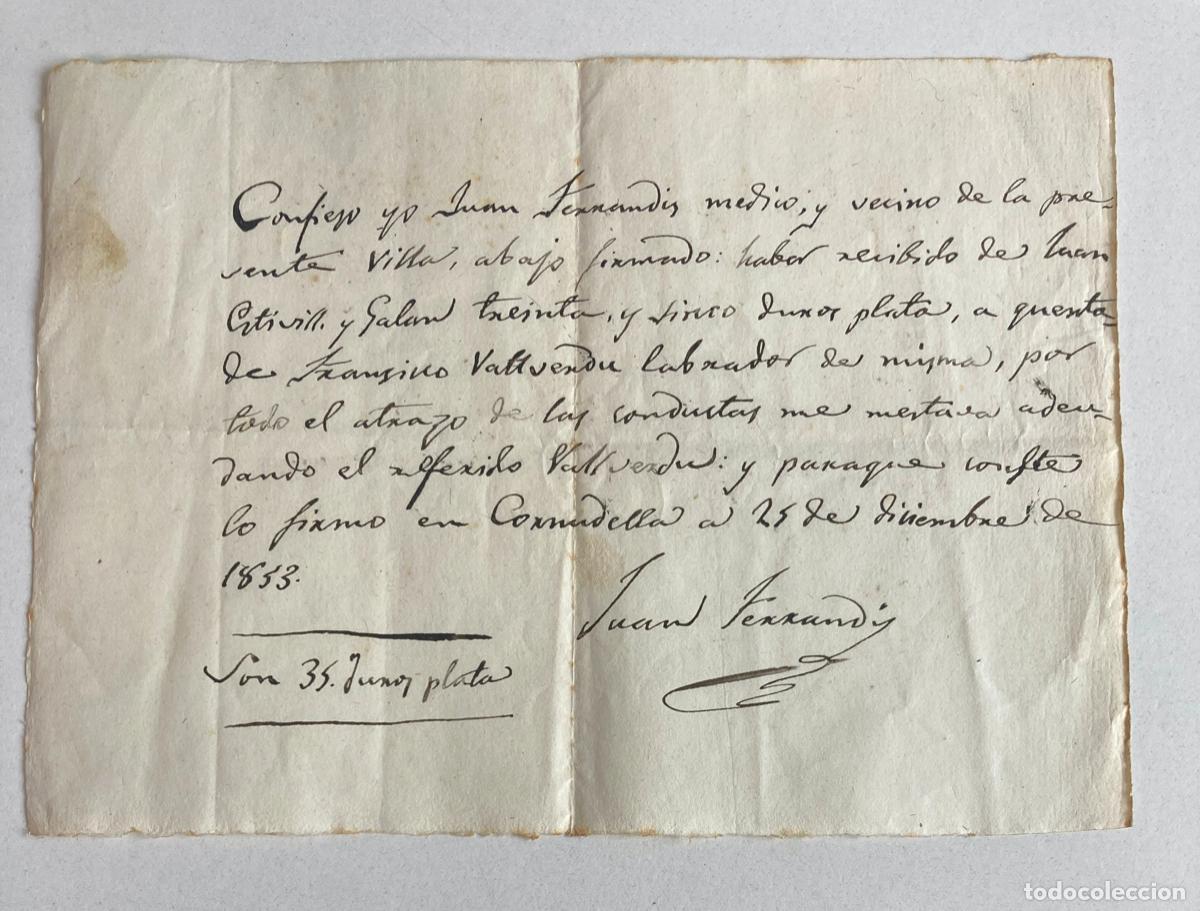 Manuscritos antiguos: CORNUDELLA A&Ntilde;O 1853, MANUSCRITO, RECIBO DE 35 DUROS DE PLATA - Foto 1