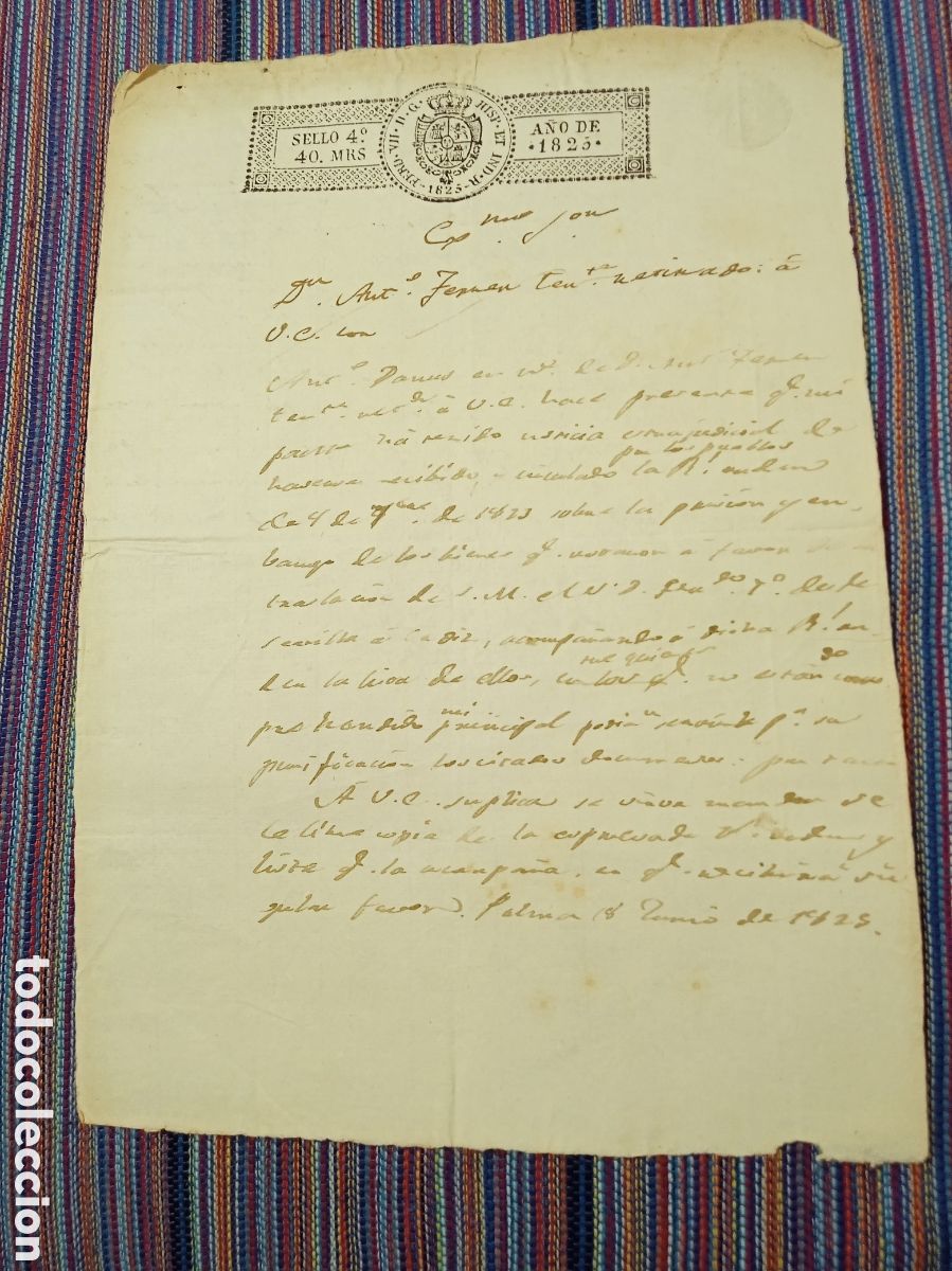 Manuscritos antiguos: DOCUMENTO 1825 PALMA MALLORCA UNA HOJA - Foto 1