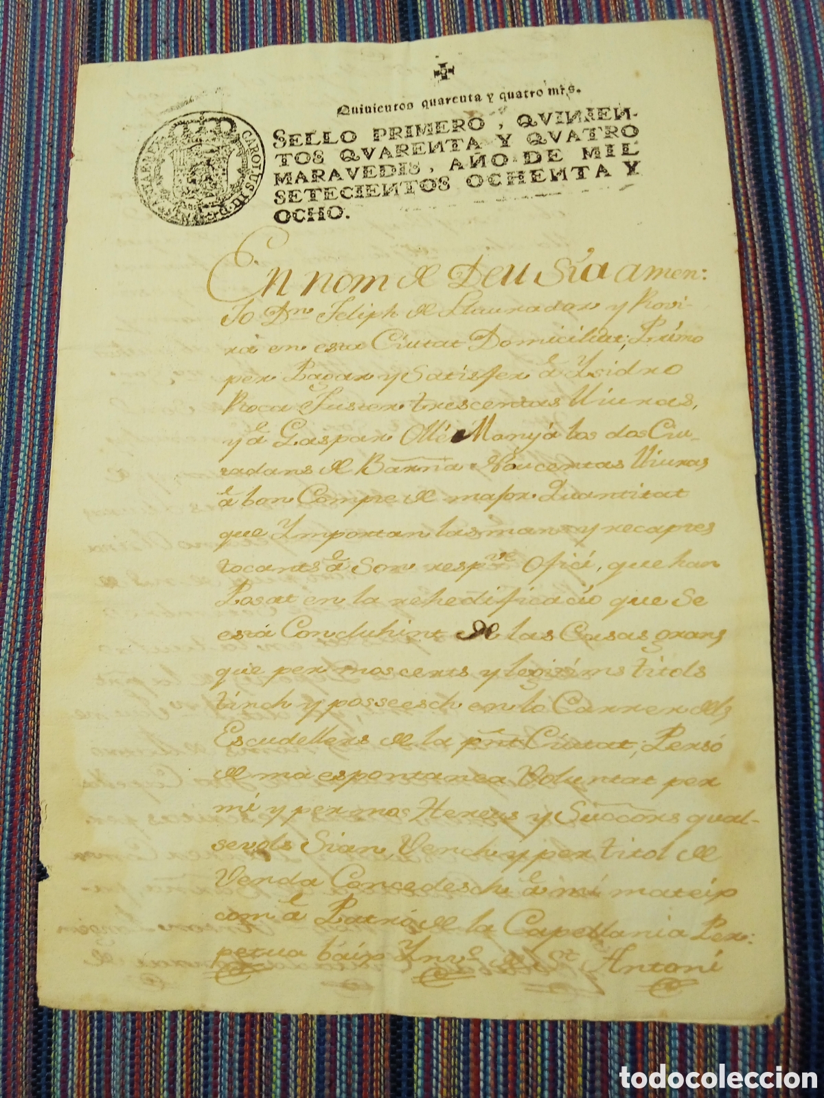Manuscritos antiguos: DOCUMENTO DOS HOJAS 1788 SELLO 540 MARAVED&Iacute;S - Foto 1