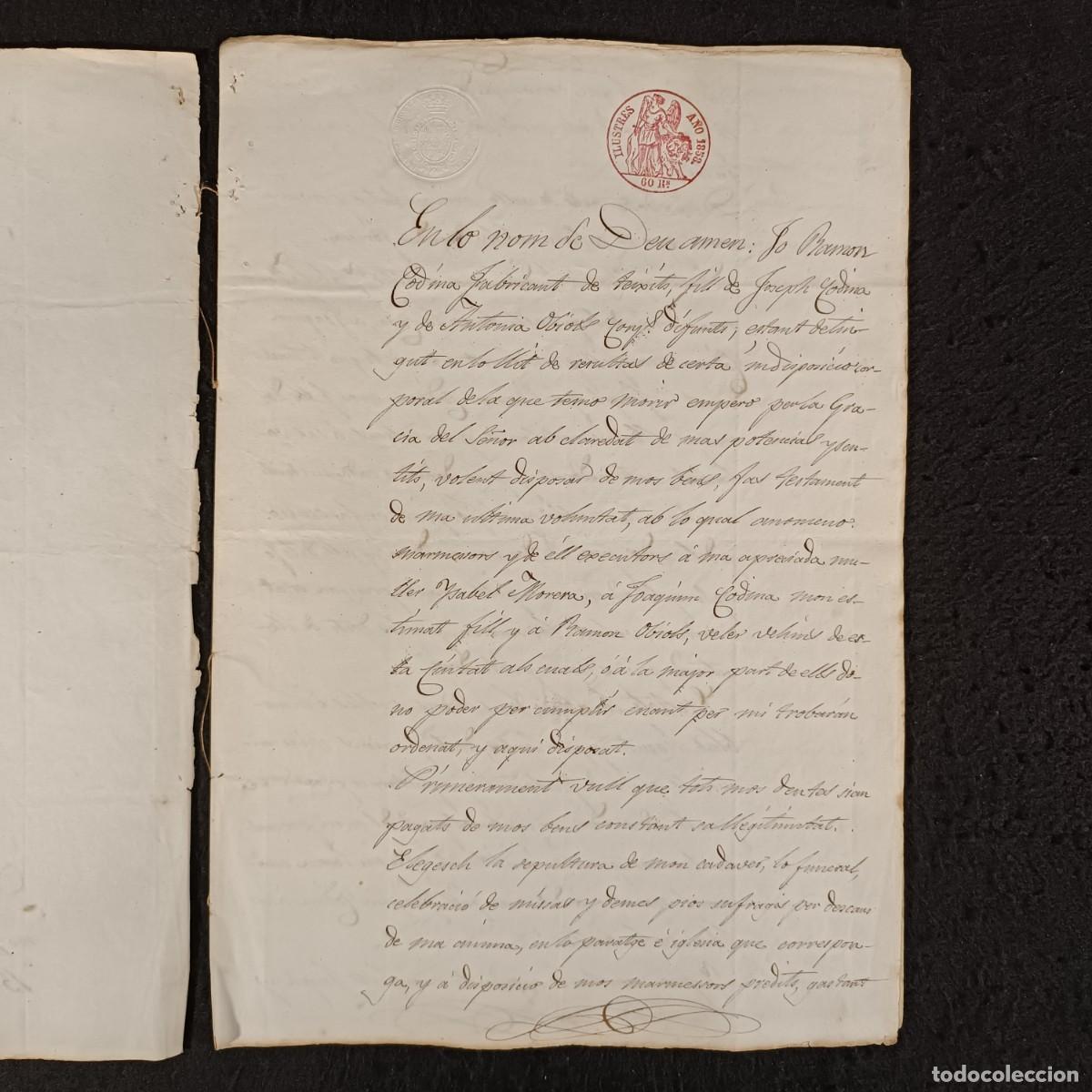 Manuscritos antiguos: ANTIGUO DOCUMENTO NOTARIAL - A&Ntilde;O 1843 - TESTAMENTO DE RAMON CODINA - BARCELONA / 183 - Foto 2