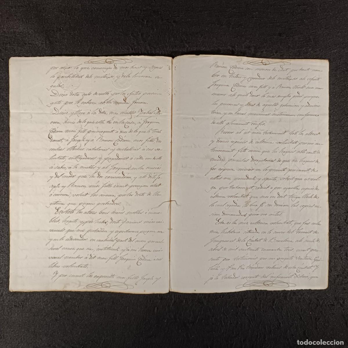Manuscritos antiguos: ANTIGUO DOCUMENTO NOTARIAL - A&Ntilde;O 1843 - TESTAMENTO DE RAMON CODINA - BARCELONA / 183 - Foto 3