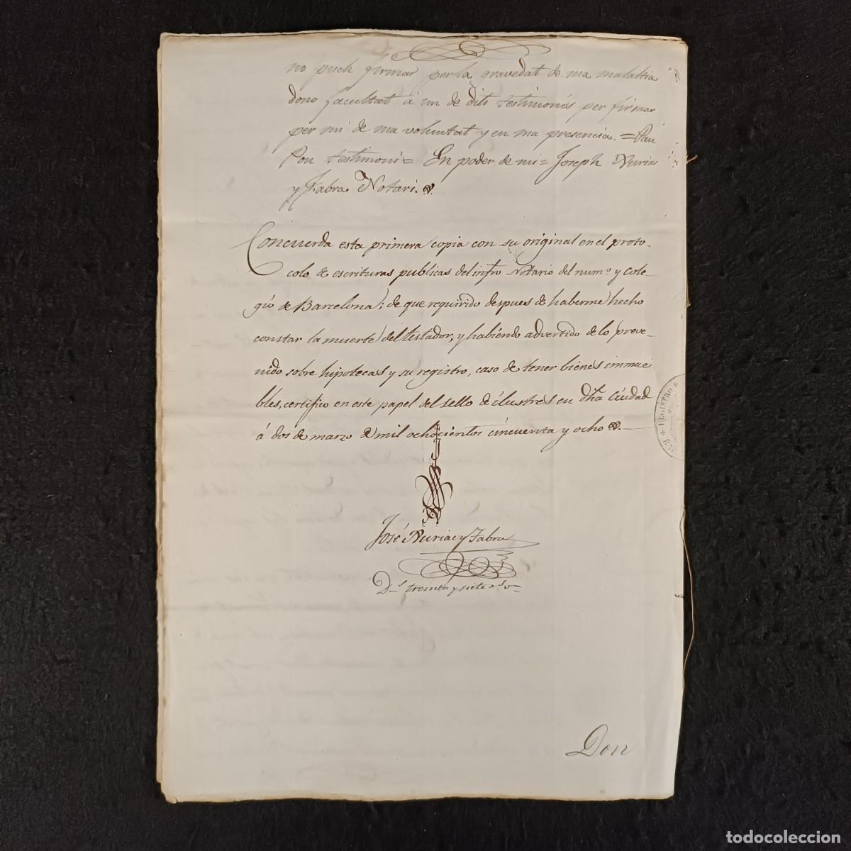 Manuscritos antiguos: ANTIGUO DOCUMENTO NOTARIAL - A&Ntilde;O 1843 - TESTAMENTO DE RAMON CODINA - BARCELONA / 183 - Foto 4