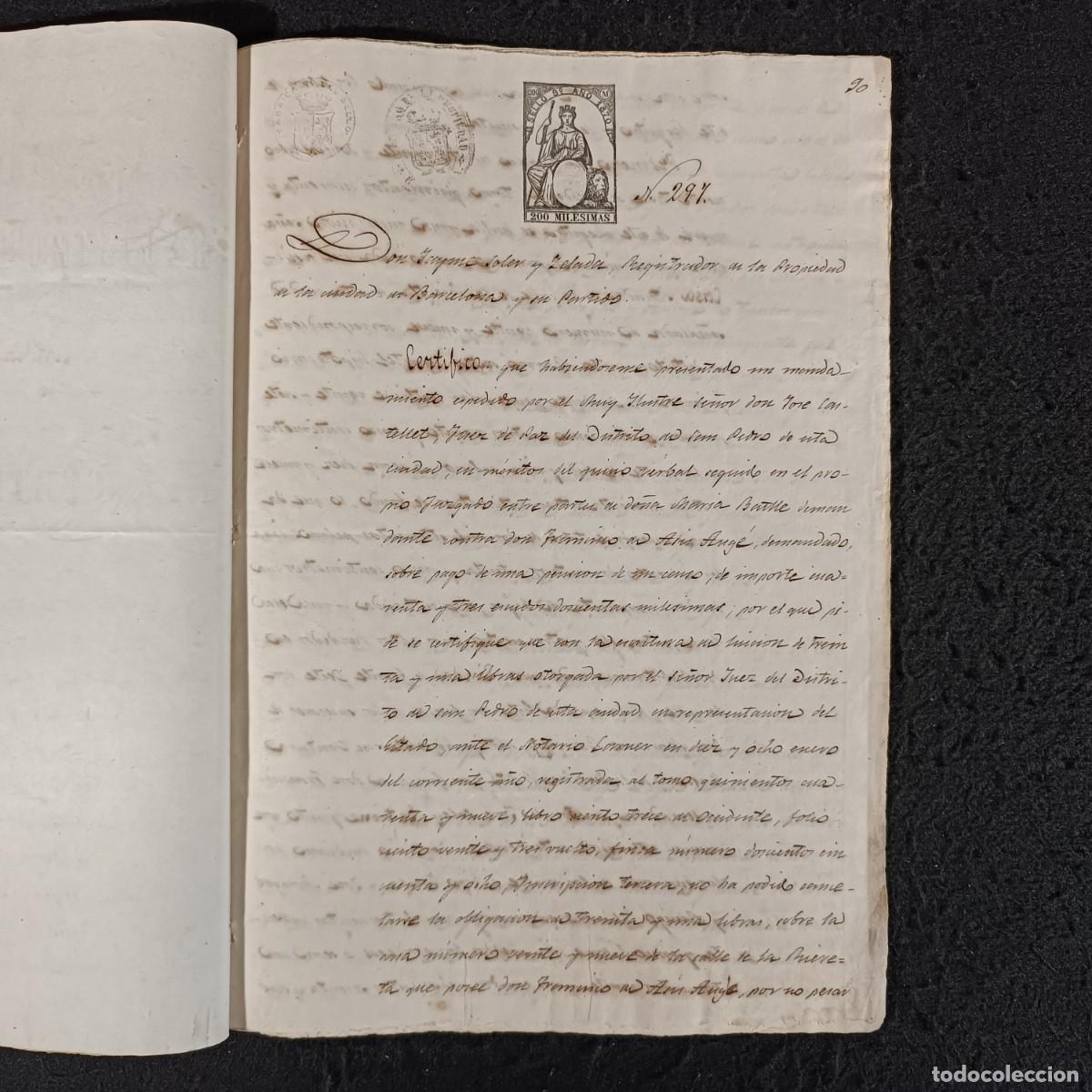 Manuscritos antiguos: ANTIGUO DOCUMENTO NOTARIAL - 1870 - DON JAYME SOLER - BARCELONA / 220 - Foto 3