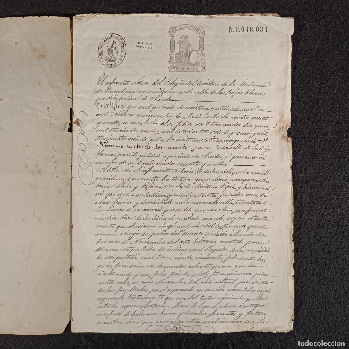 Manuscritos antiguos: ANTIGUO DOCUMENTO NOTARIAL - 1864 - BORJAS BLANCAS - L&Eacute;RIDA - RAR&Iacute;SIMO / 252 - Foto 3